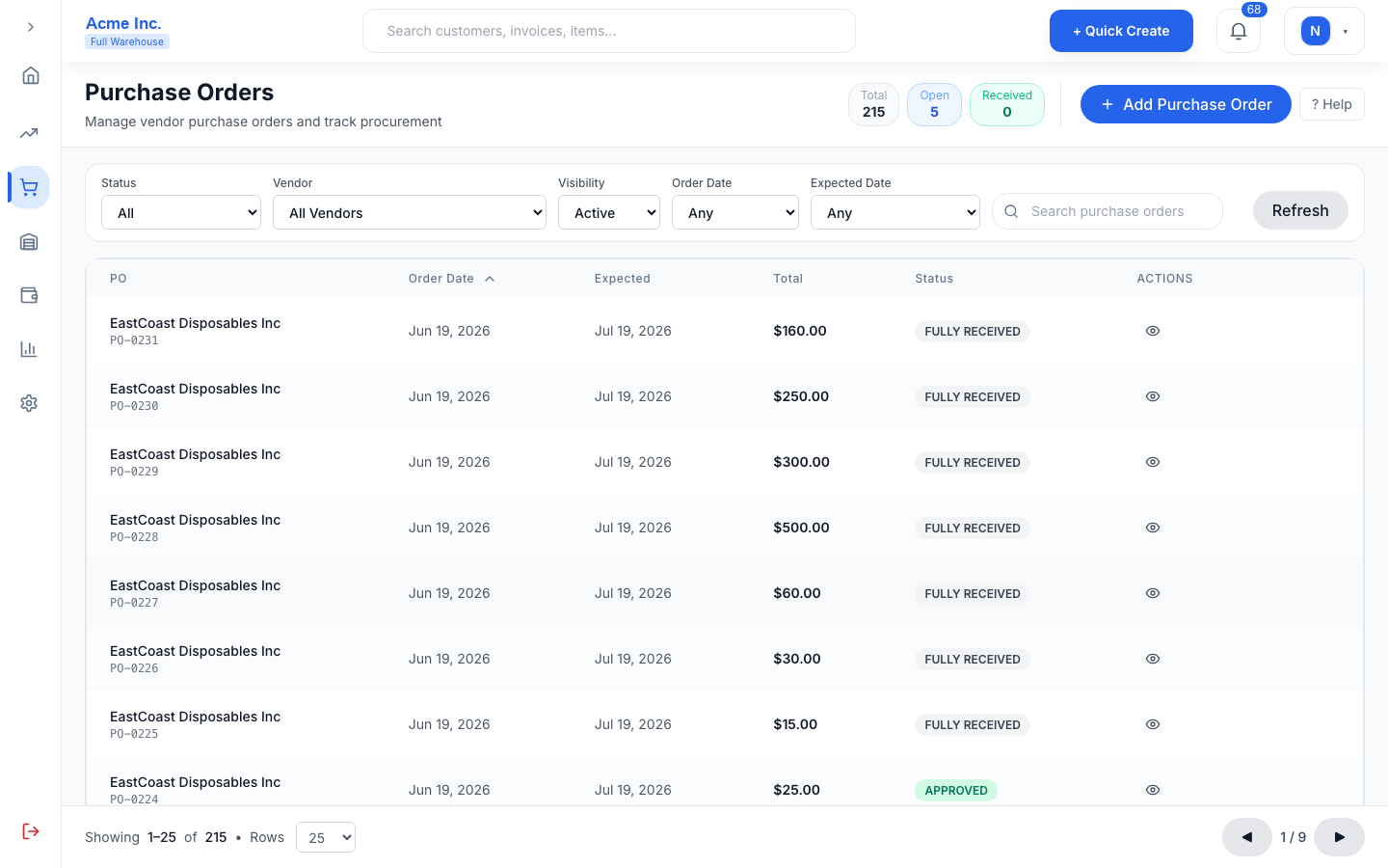 Purchase orders and goods received notes workflow