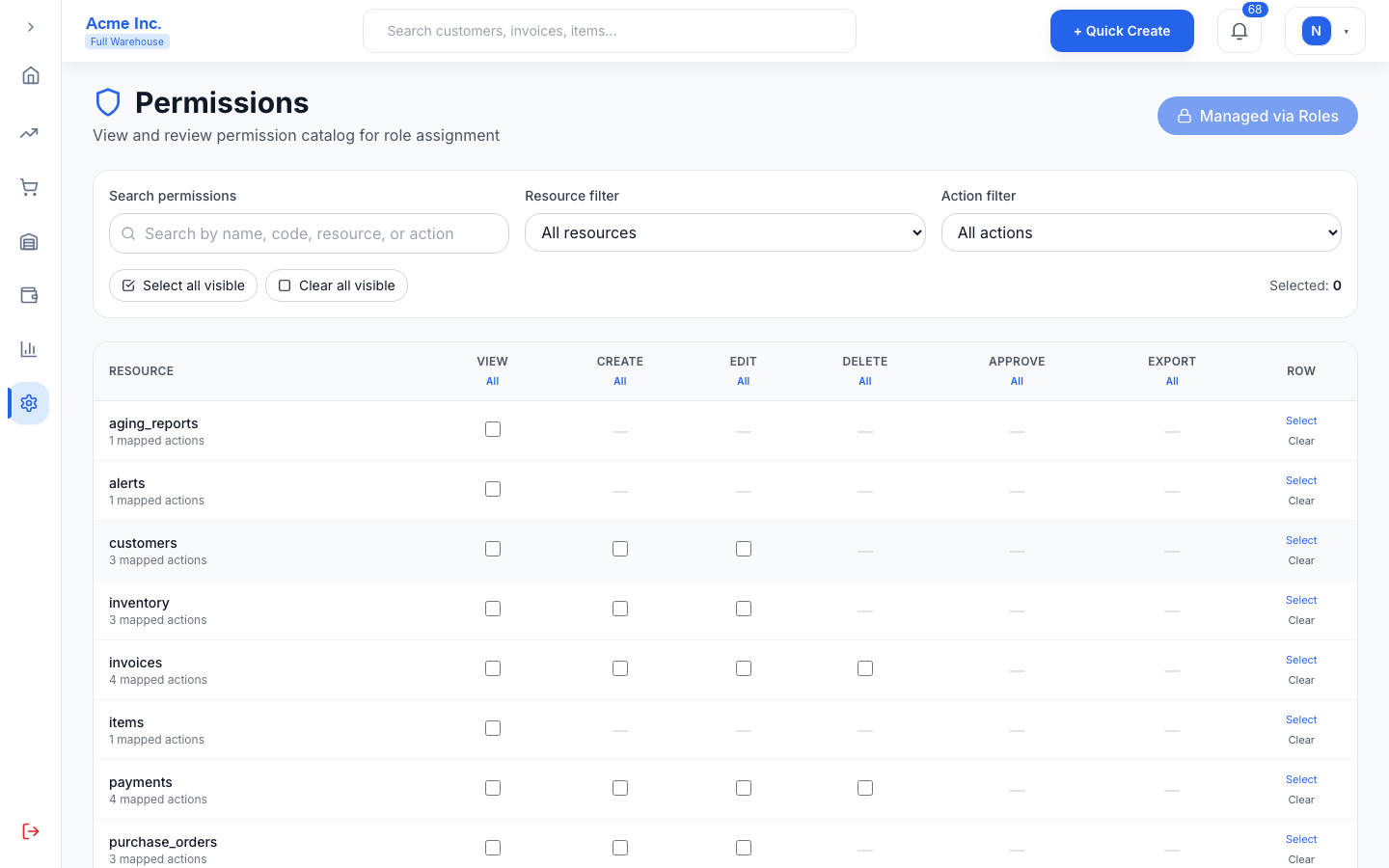 Admin panel showing user roles, permissions, and audit logs